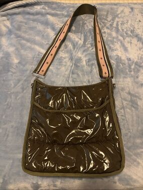 Olive Green Patent Crossbody Tote with Pink Star Strap